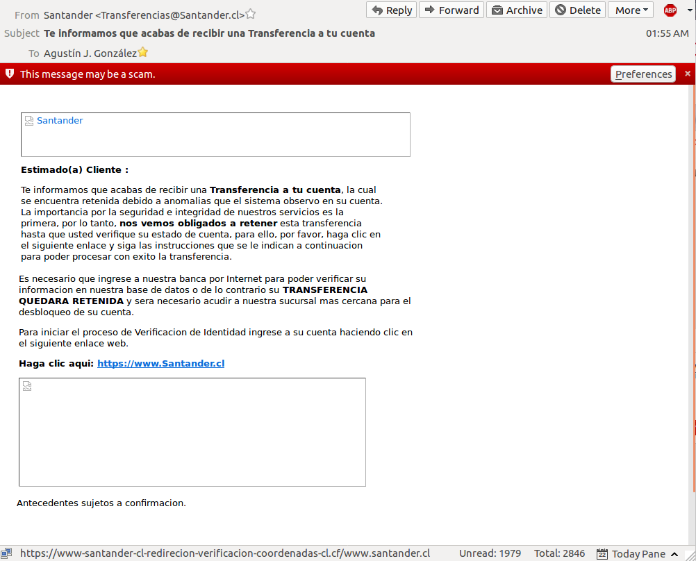 Correo recibido por el presunto usuario del banco